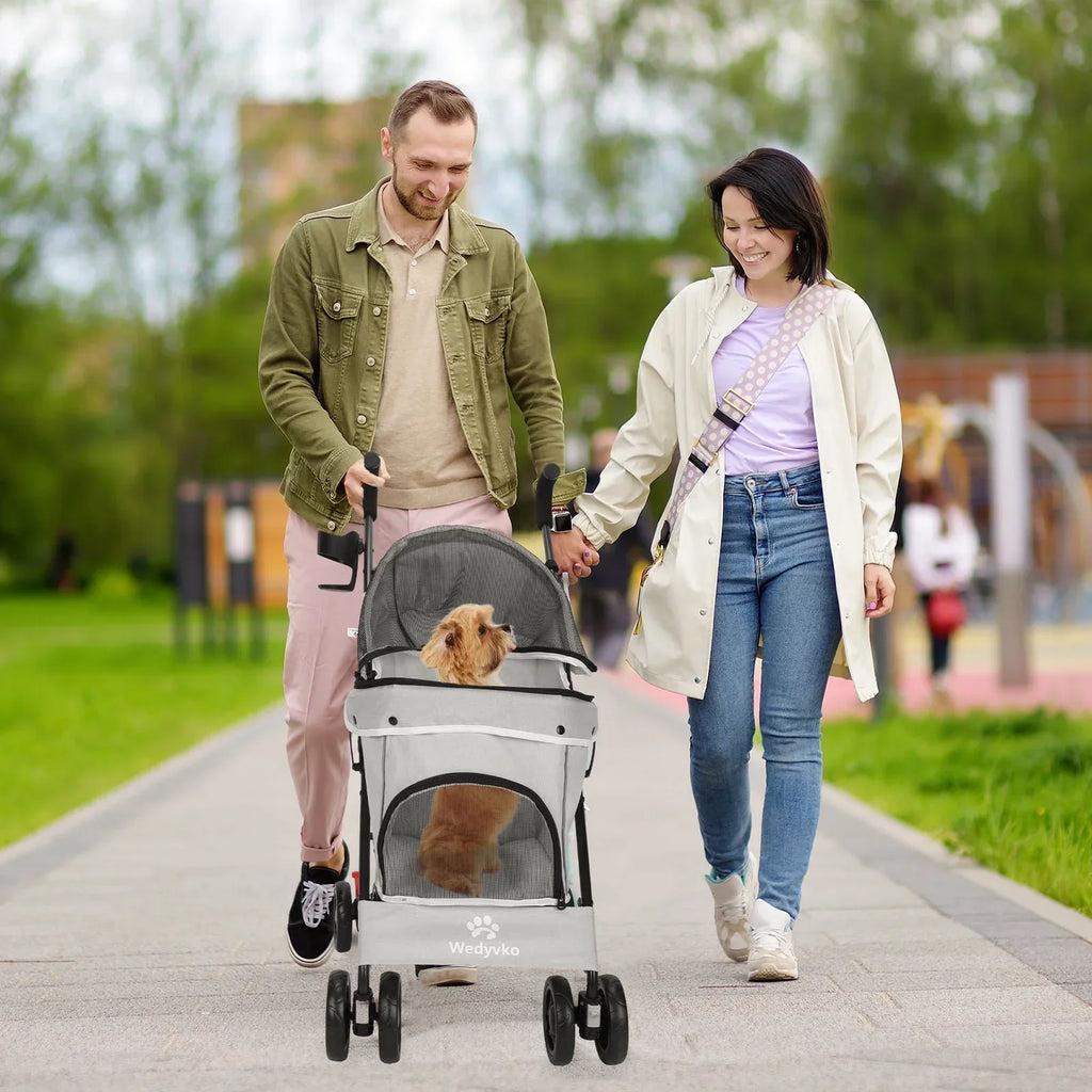 4-Wheel Foldable Cat And Dog Stroller With Storage Basket And 360 Degree Front Wheels - Gray