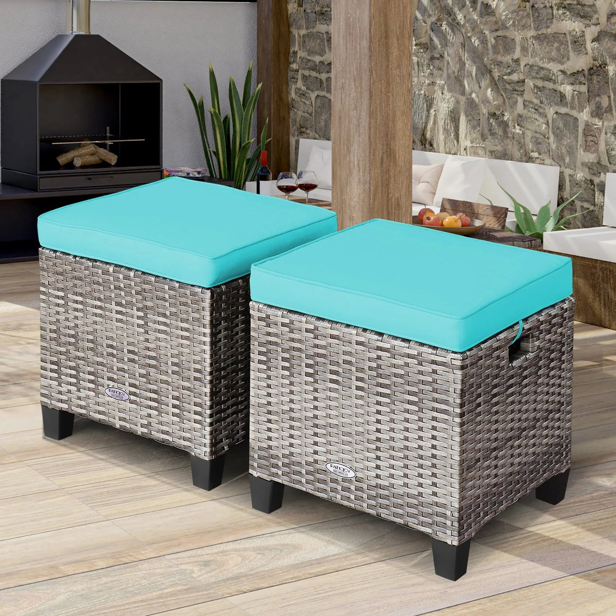 Costway 2-Piece Patio Rattan Cushioned Ottoman Set, 16 x 16 x 18 in, Turquoise
