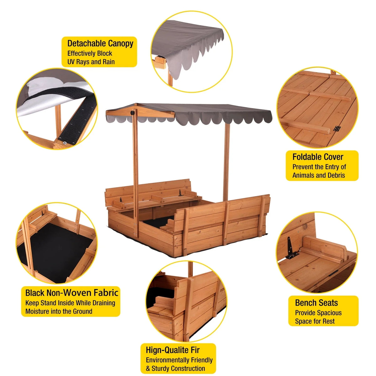 Morgete Outdoor Wooden Sandbox for Kids With Lid and 2 Benches - 47in
