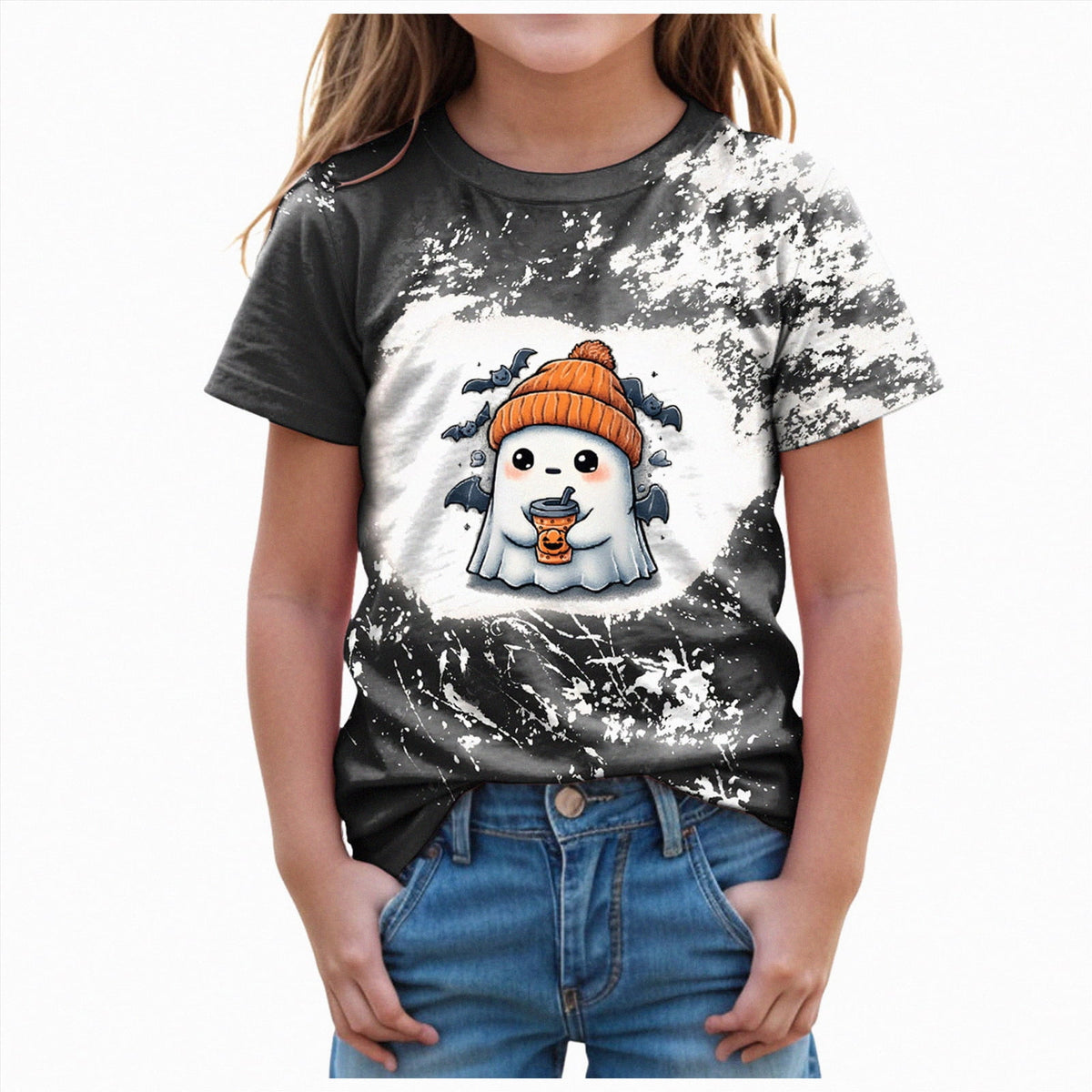 CAUYDY Halloween Ghouls Ghost Retro Girl Kids T-Shirt Graphic Tshirt Little Kids Fall Short Sleeve Tee Tops(Orange, 8-9 Y)