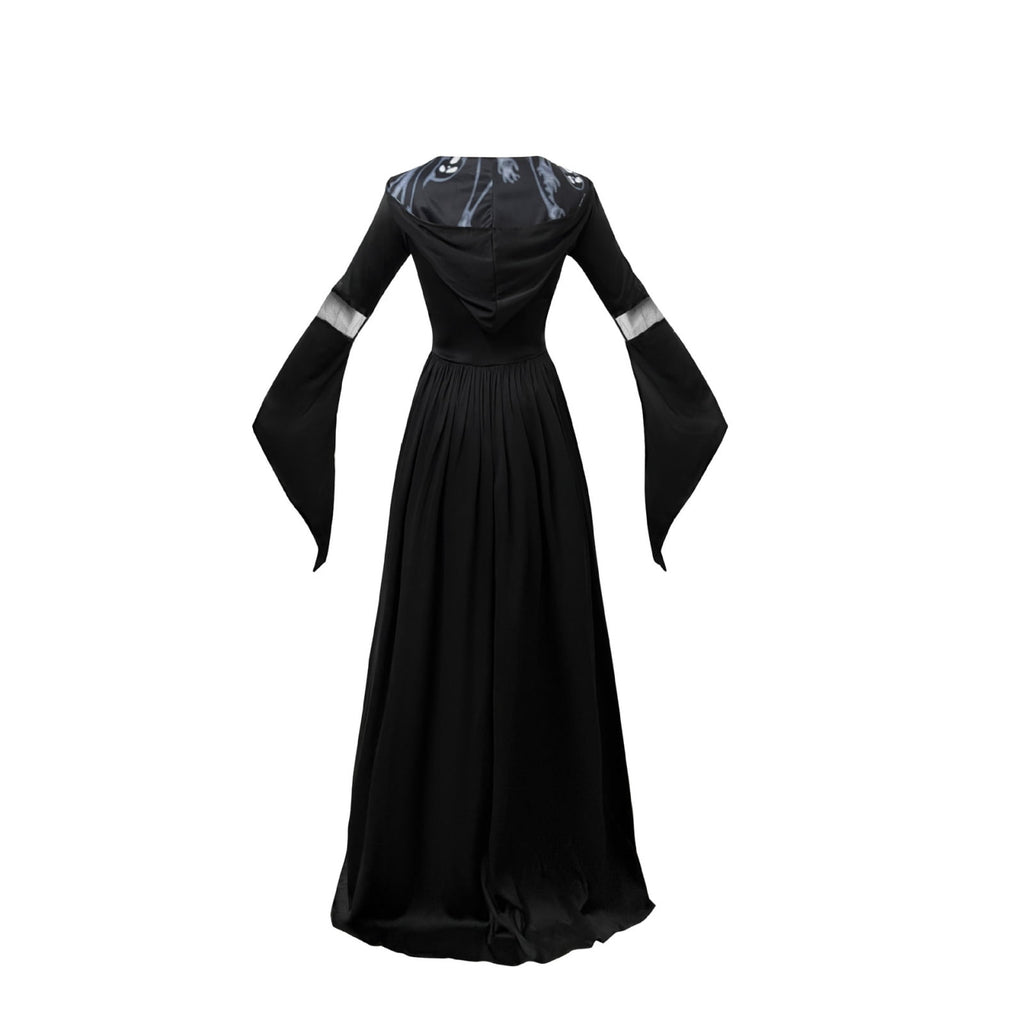 Dark Mage Hooded Robe for Women Halloween Witch Costume with Flared Sleeves & Fitted Bodice