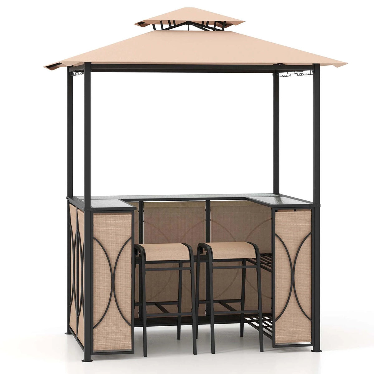 Costway 3-Piece Grill Gazebo Bar Set With 2 Bar Stools And Tempered Glass Top - Grey