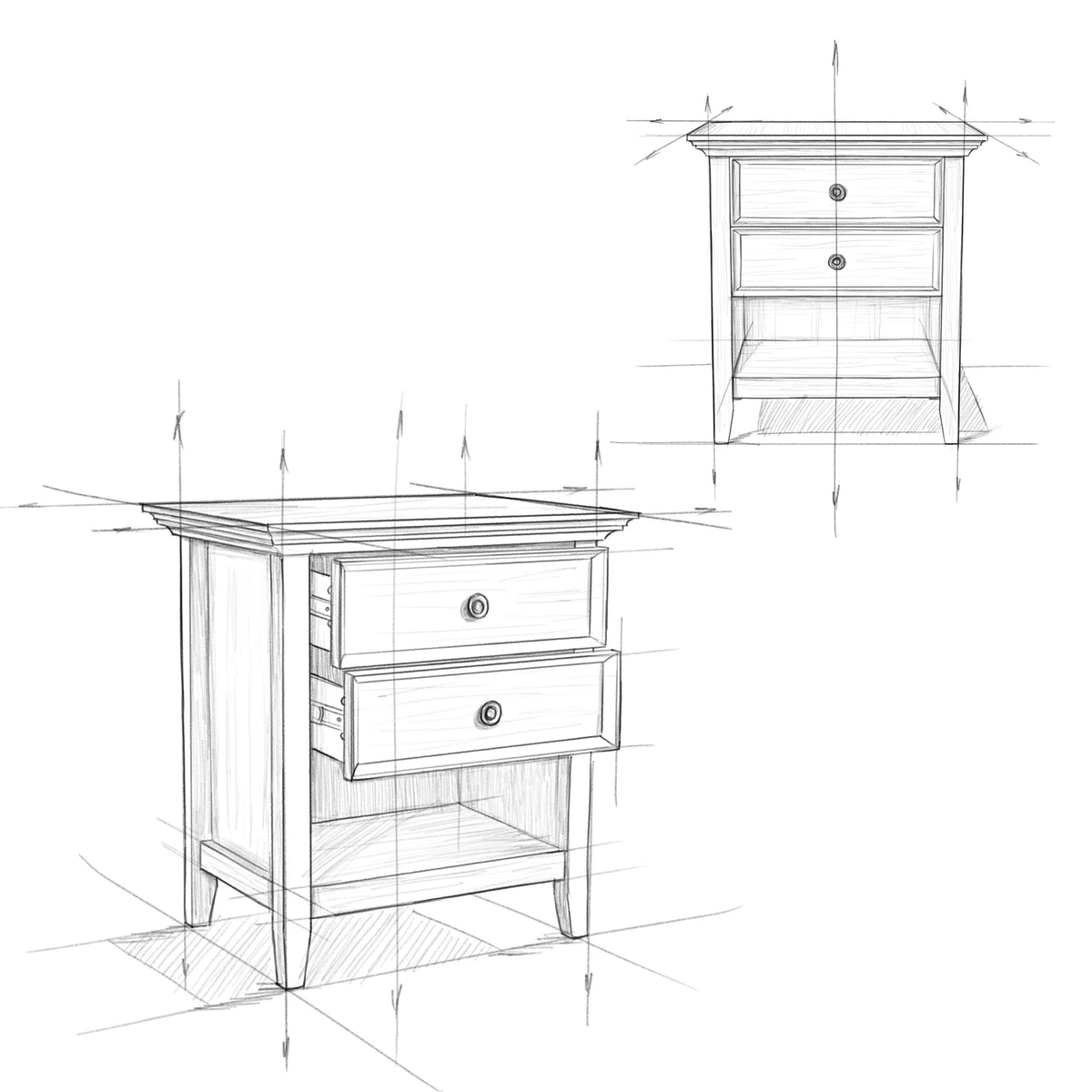 Solid Wood Nightstand With 2 Drawers And Open Shelf, 16 in D x 24 in W x 26 in H