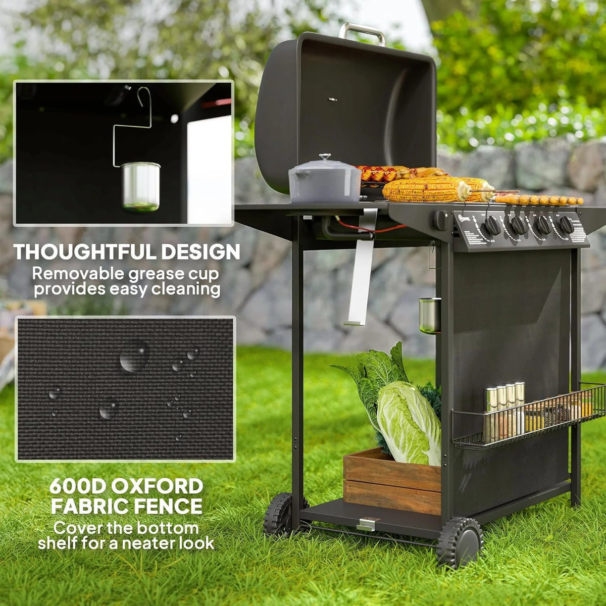 4+1 Burner Propane Gas BBQ Grill With Side Burner, 54 x 121 x 97 cm, Black