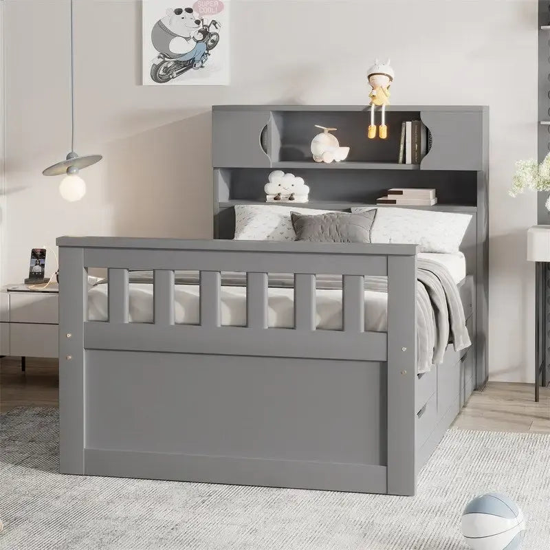Twin/Full Captain Platform Bed With 4 Drawers And Storage Bookcase Headboard
