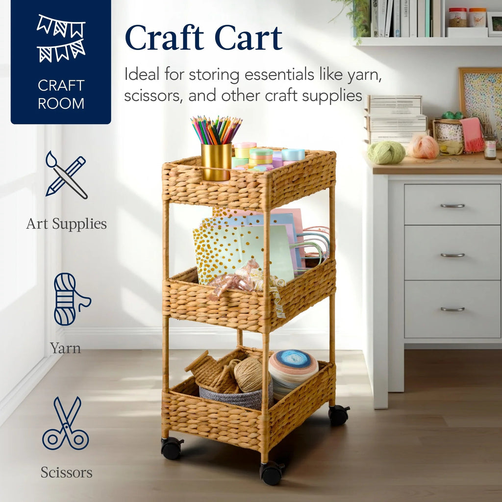 Best Choice Products 3-Tier Water Hyacinth Rolling Utility Cart, 15.5 x 11.5 x 30in