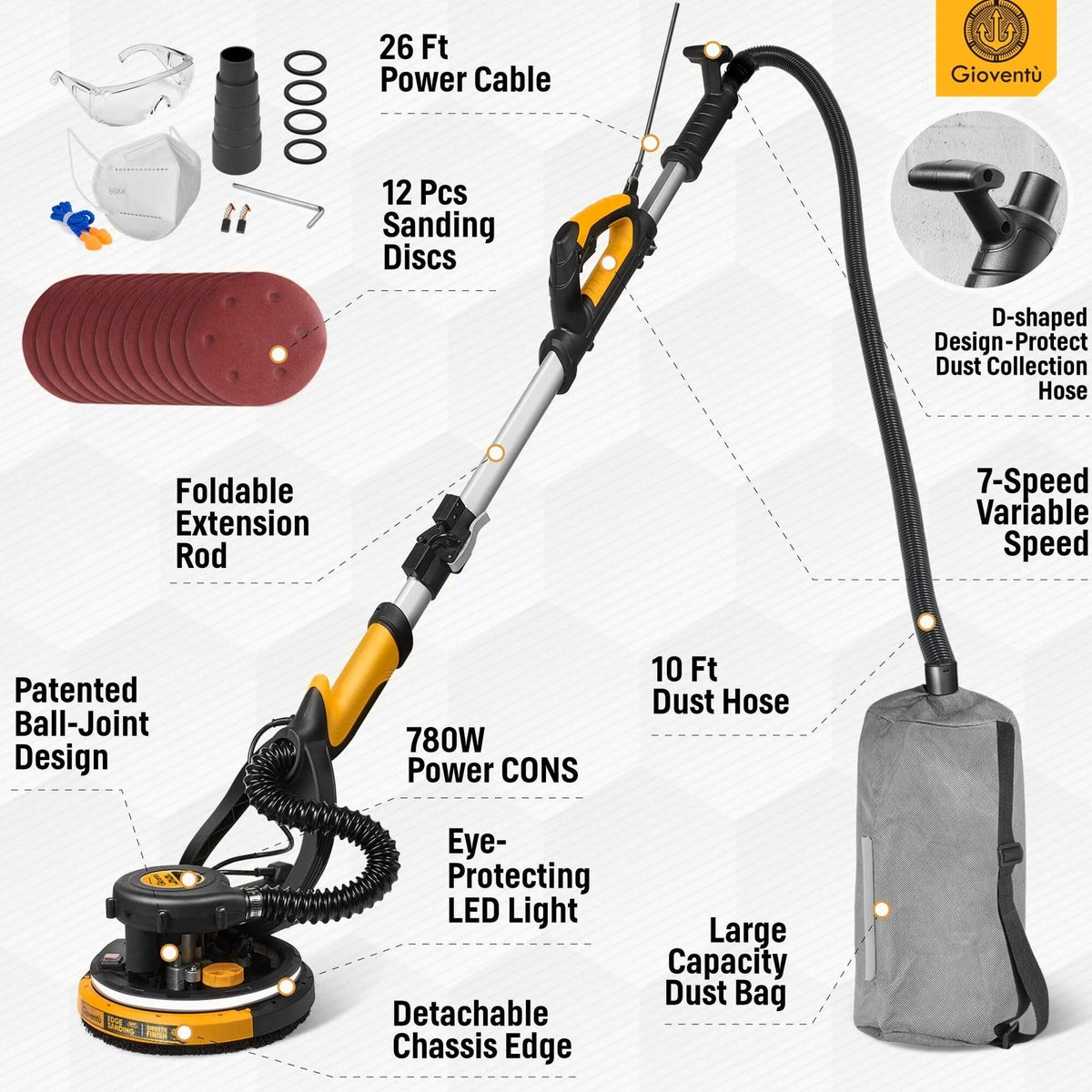 Giovent Electric Drywall Sander With Vacuum For Popcorn Ceiling