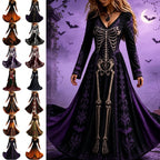 KICILVS Gothic Clothes For Women Black Spiderweb And Spider Print Flowing V Neck Long Maxi Dress Halloween Cosplay Gothic Party Dress