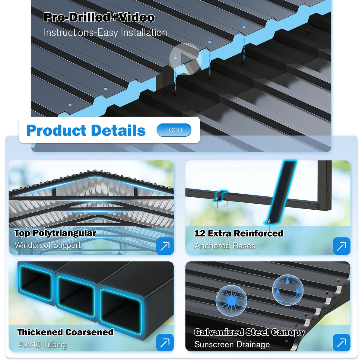 MUCHANT Heavy-Duty Carport, 12' x 20', Galvanized Steel Roof