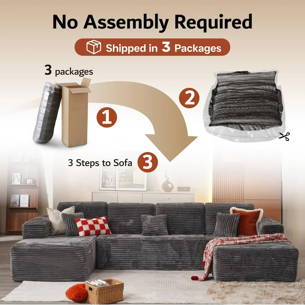 ovios 104in L-Shape Sectional Sofa With Chaise, Grey Plush Corduroy Fabric