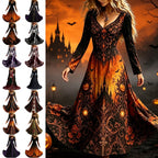 KICILVS Gothic Clothes For Women Black Spiderweb And Spider Print Flowing V Neck Long Maxi Dress Halloween Cosplay Gothic Party Dress