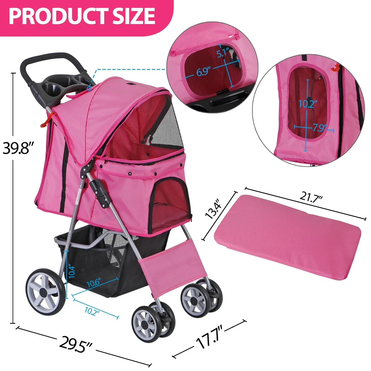 ZENY 4 Wheel Foldable Pet Stroller, Pink - 30 lbs