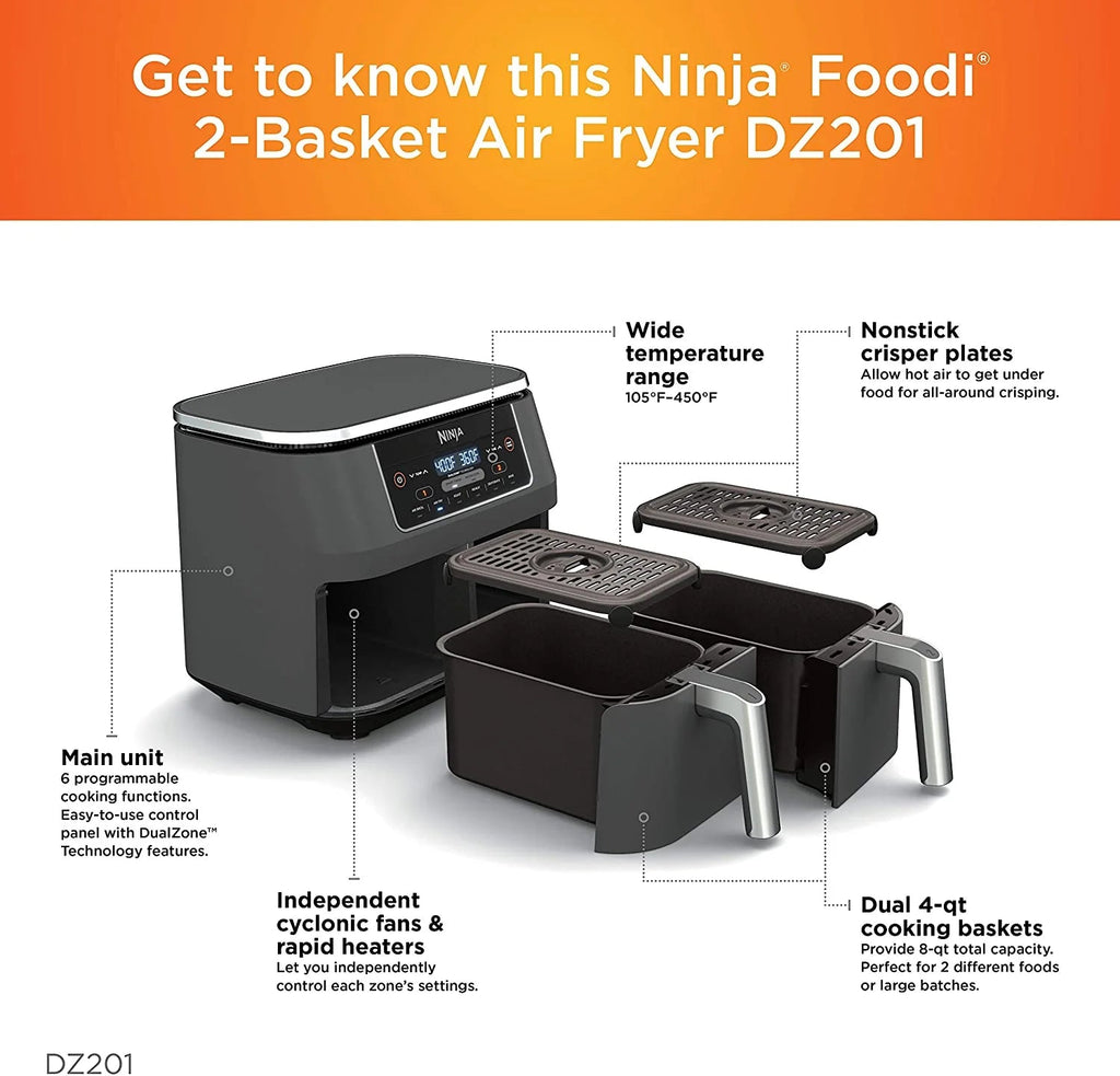 Ninja Foodi 6-in-1 2-Basket Air Fryer, 8-Quart, Dark Grey Stainless Finish - DZ201