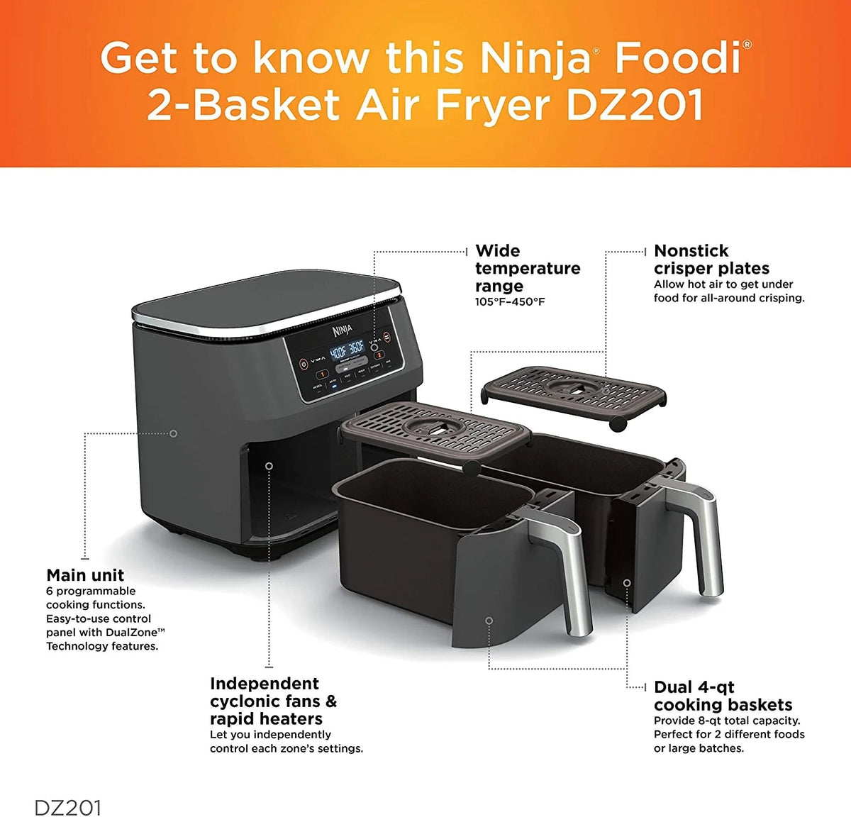 Ninja Foodi 6-in-1 2-Basket Air Fryer, 8-Quart, Dark Grey Stainless Finish - DZ201