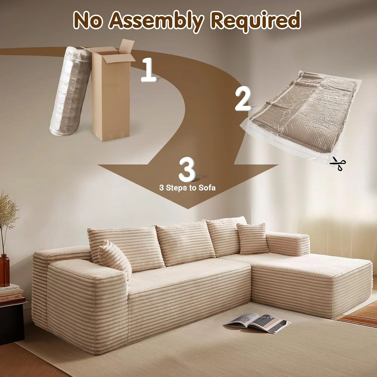 ovios 104in L-Shape Sectional Sofa With Chaise, Grey Plush Corduroy Fabric