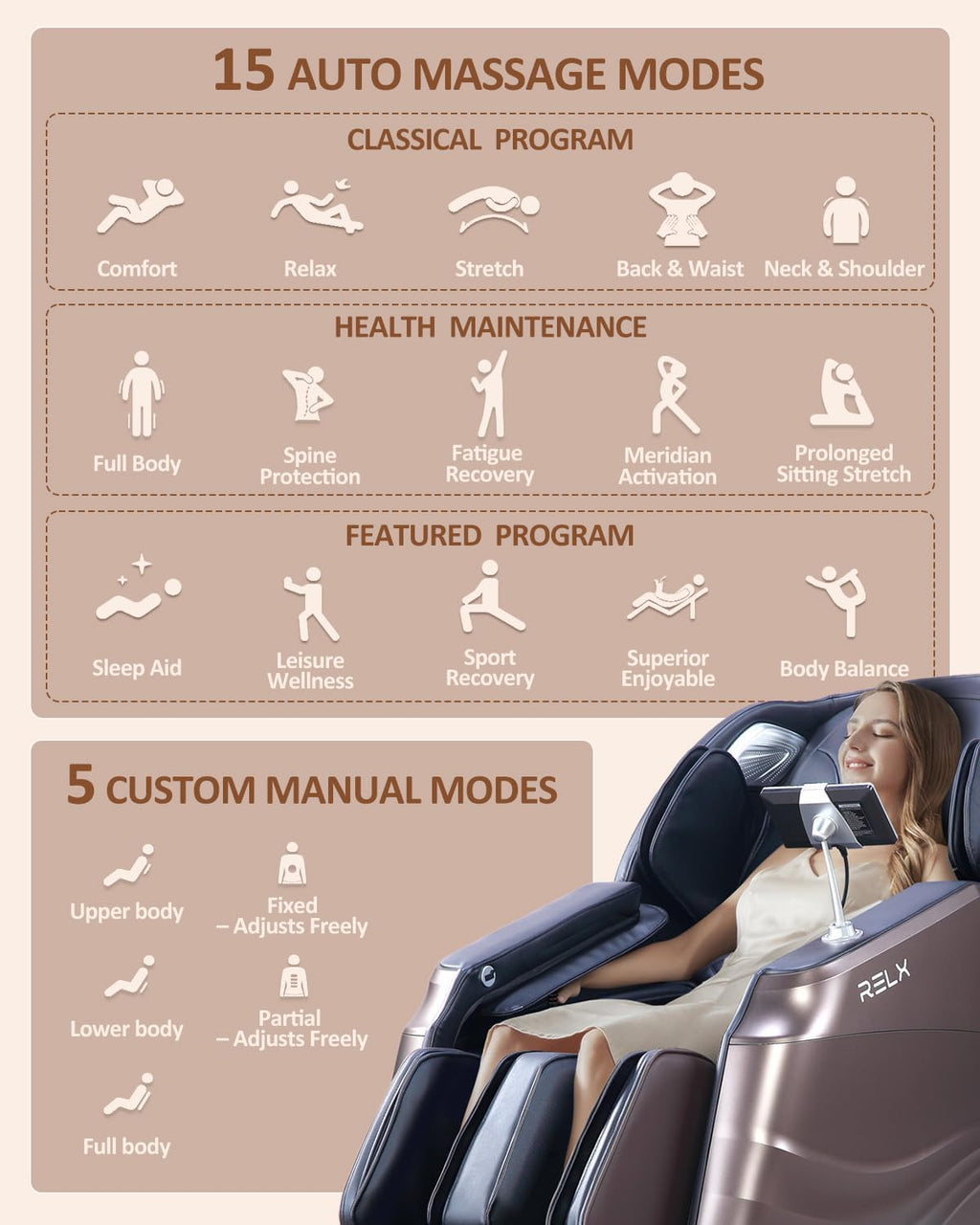 RELX Full Body Massage Chair, 20 Modes, 53-inch SL-Track, Brown