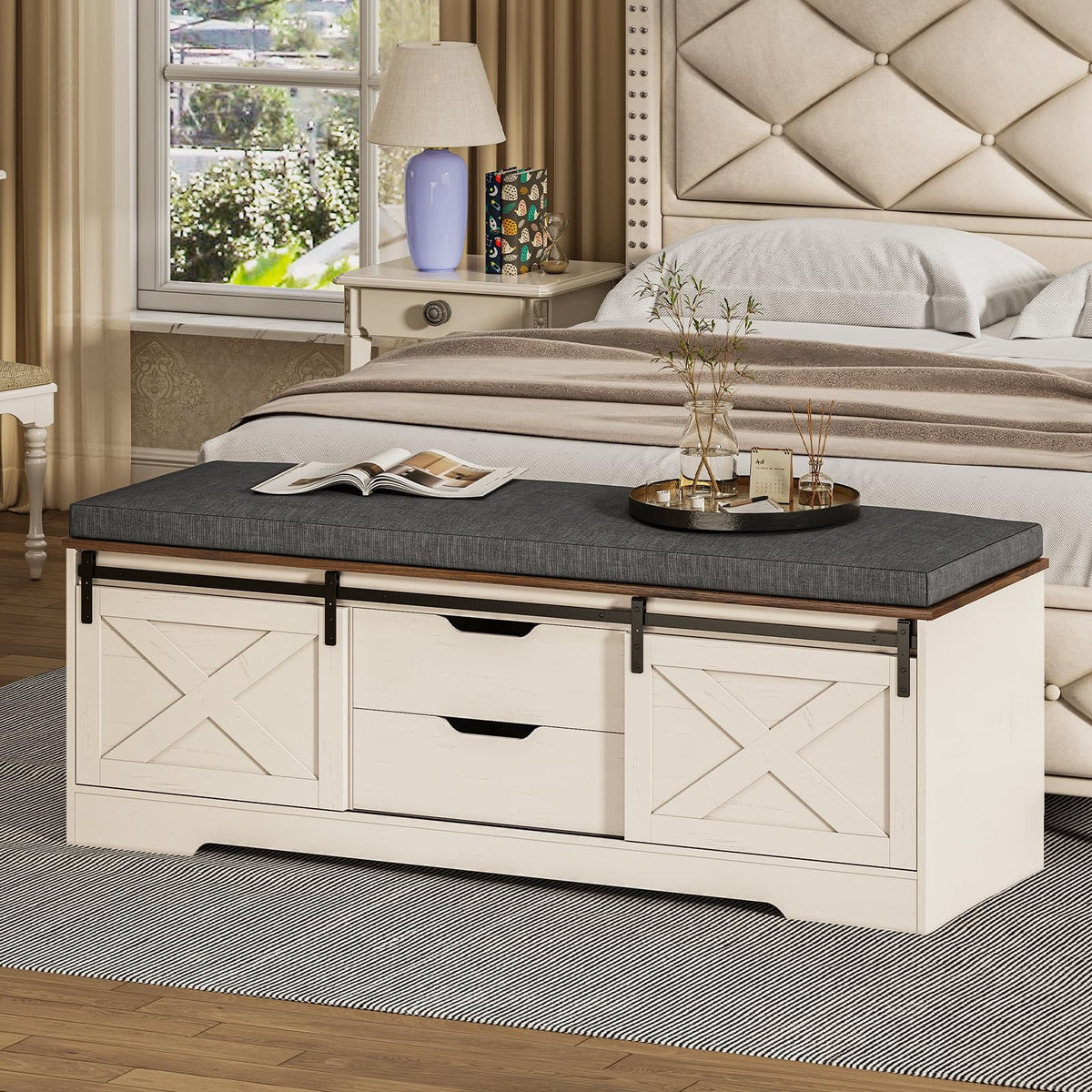 Farmhouse Shoe Storage Bench With Cushion, 31.4in, Metal Barn Door, Old White