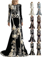 Women Skeleton Dress 3D Print Velvet Floral Long Sleeve Halloween Costumes, Skeleton Costume for Women Cosplay Party