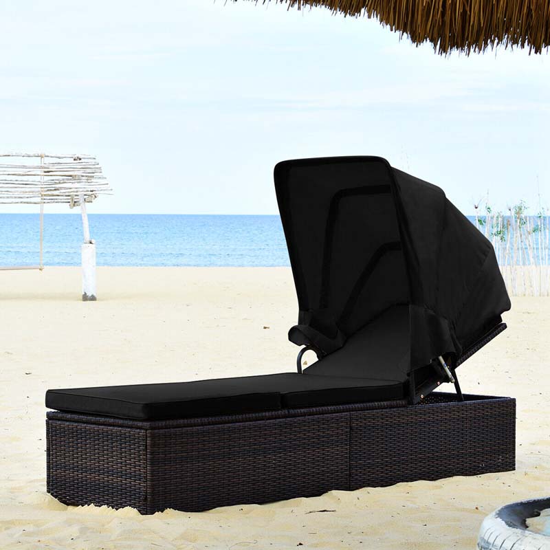 Cushioned Rattan Outdoor Chaise Lounge Chair With Folding Canopy, Flip-Up Tea Table And 5 Positions
