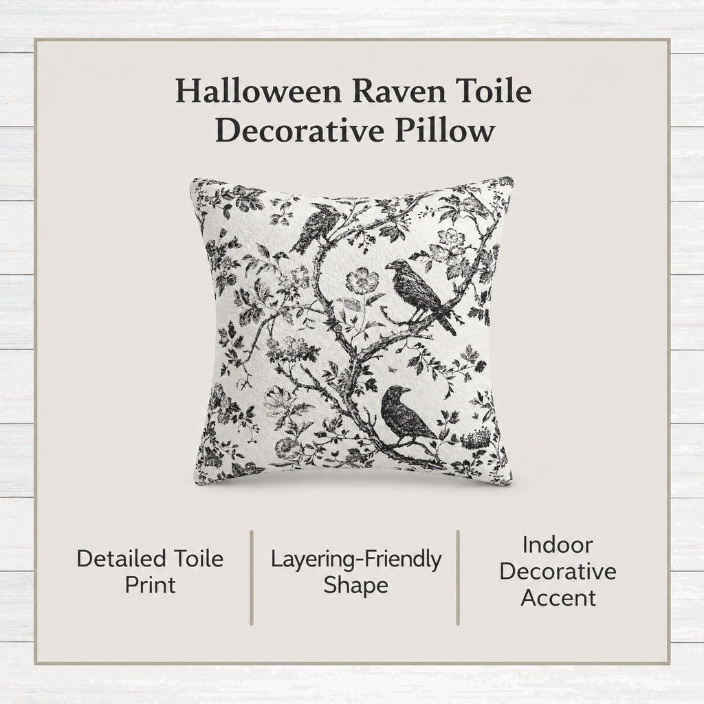 My Texas House Halloween Raven Toile Decorative Pillow, Ivory and Black, 20" x 20"