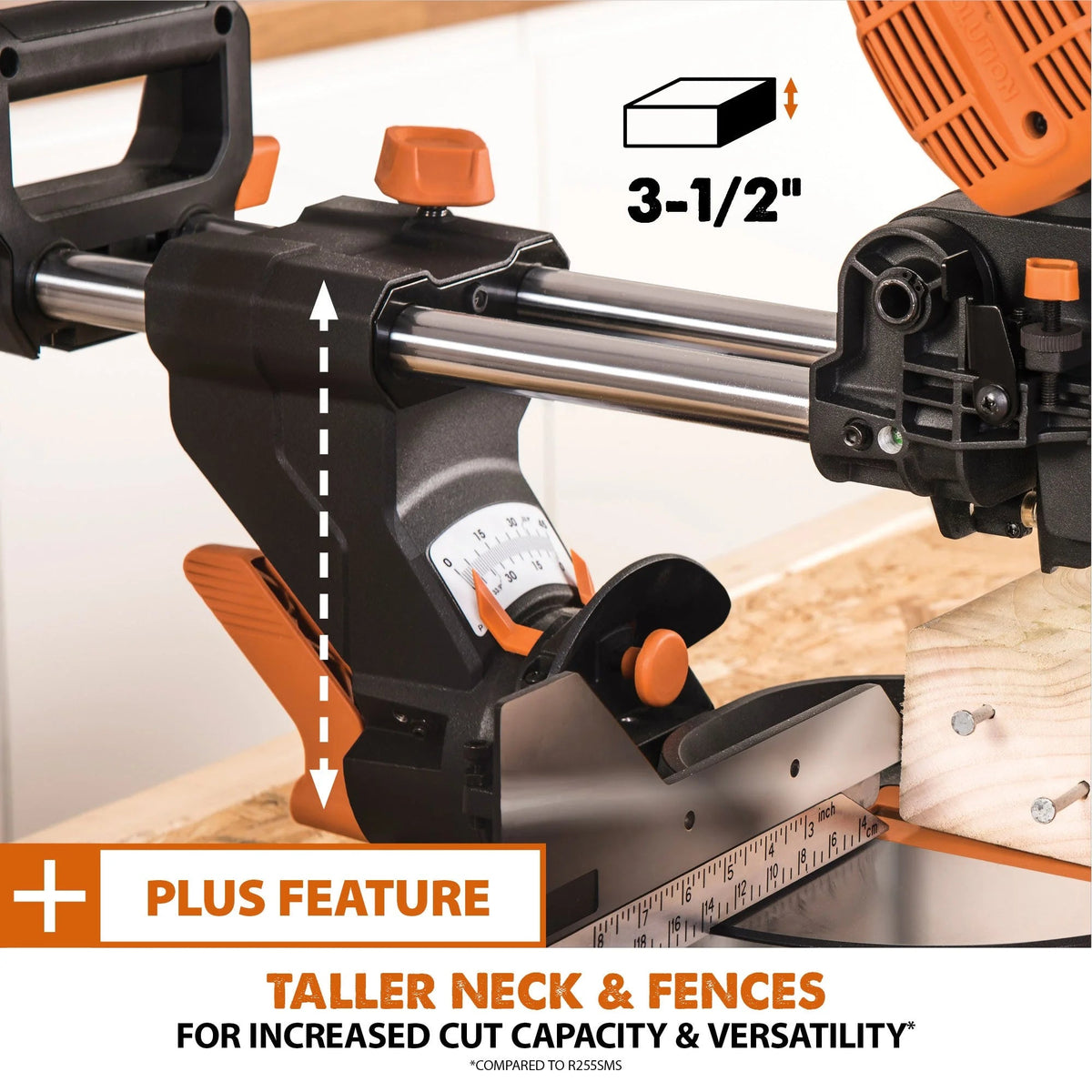 Evolution Dual Bevel Sliding Miter Saw With 10 in Multi-Material Cutting Blade - R255SMS-DB+