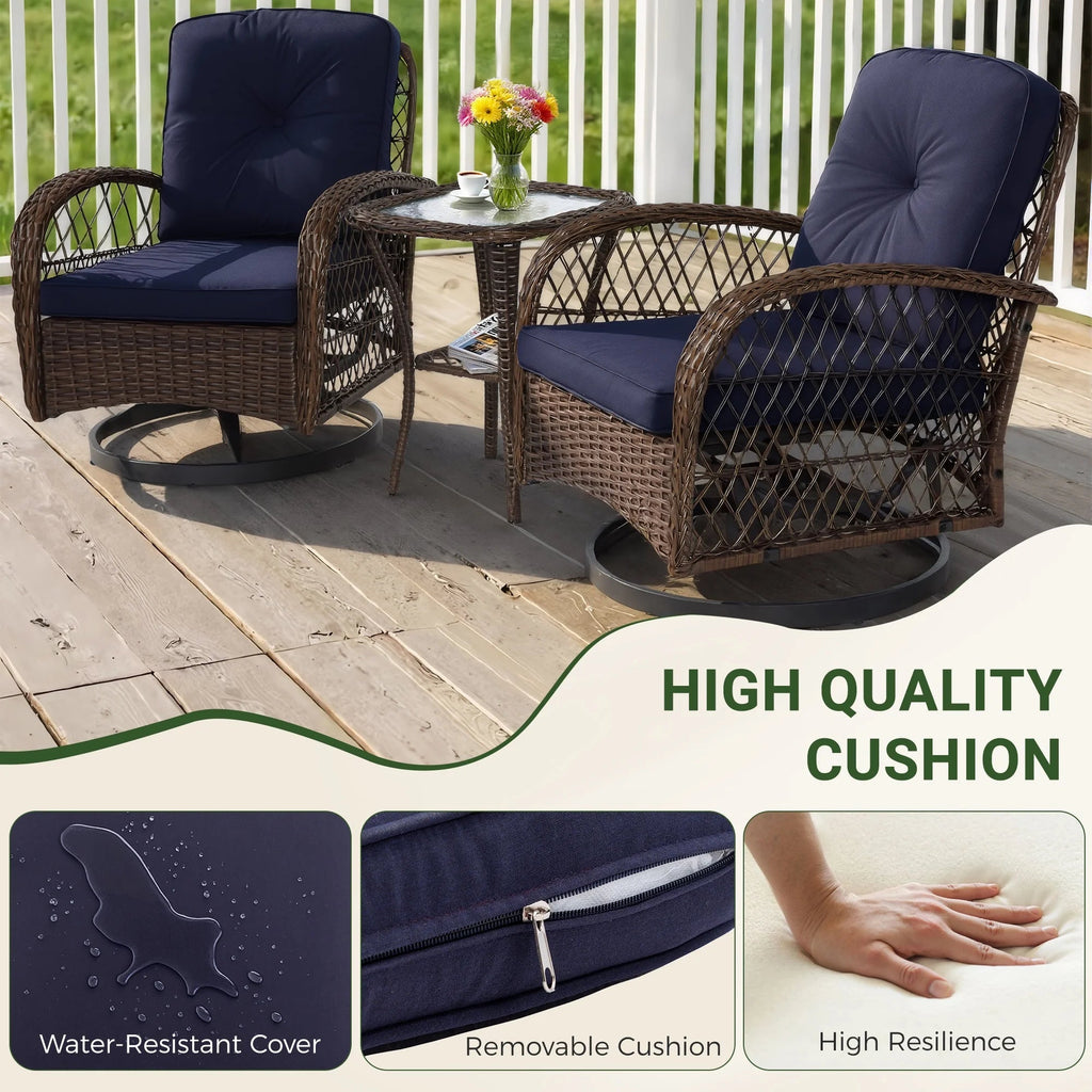 3-Piece Patio Swivel Rocking Chair Set With Glass Top Table - 2 Chairs