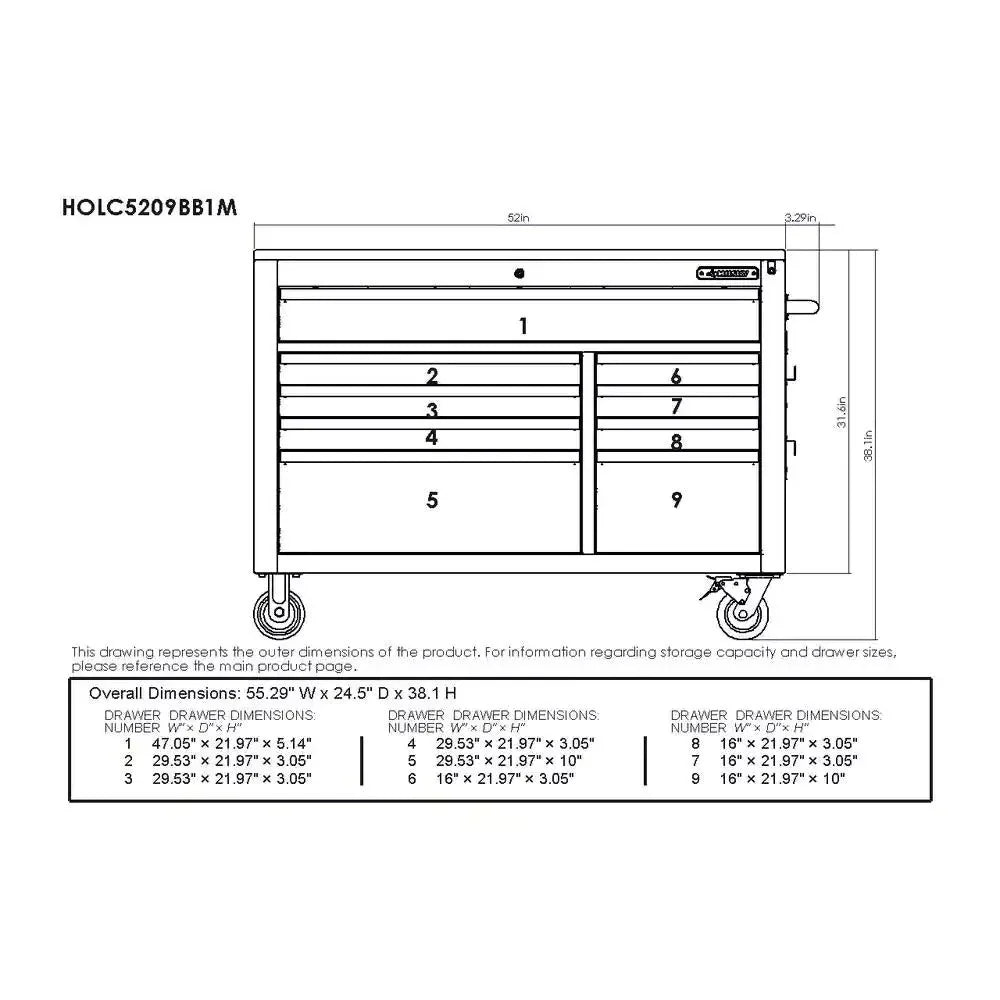 Heavy-Duty 52 in. 9-Drawer Mobile Workbench With Adjustable-Height Solid Wood Top - Matte Blue