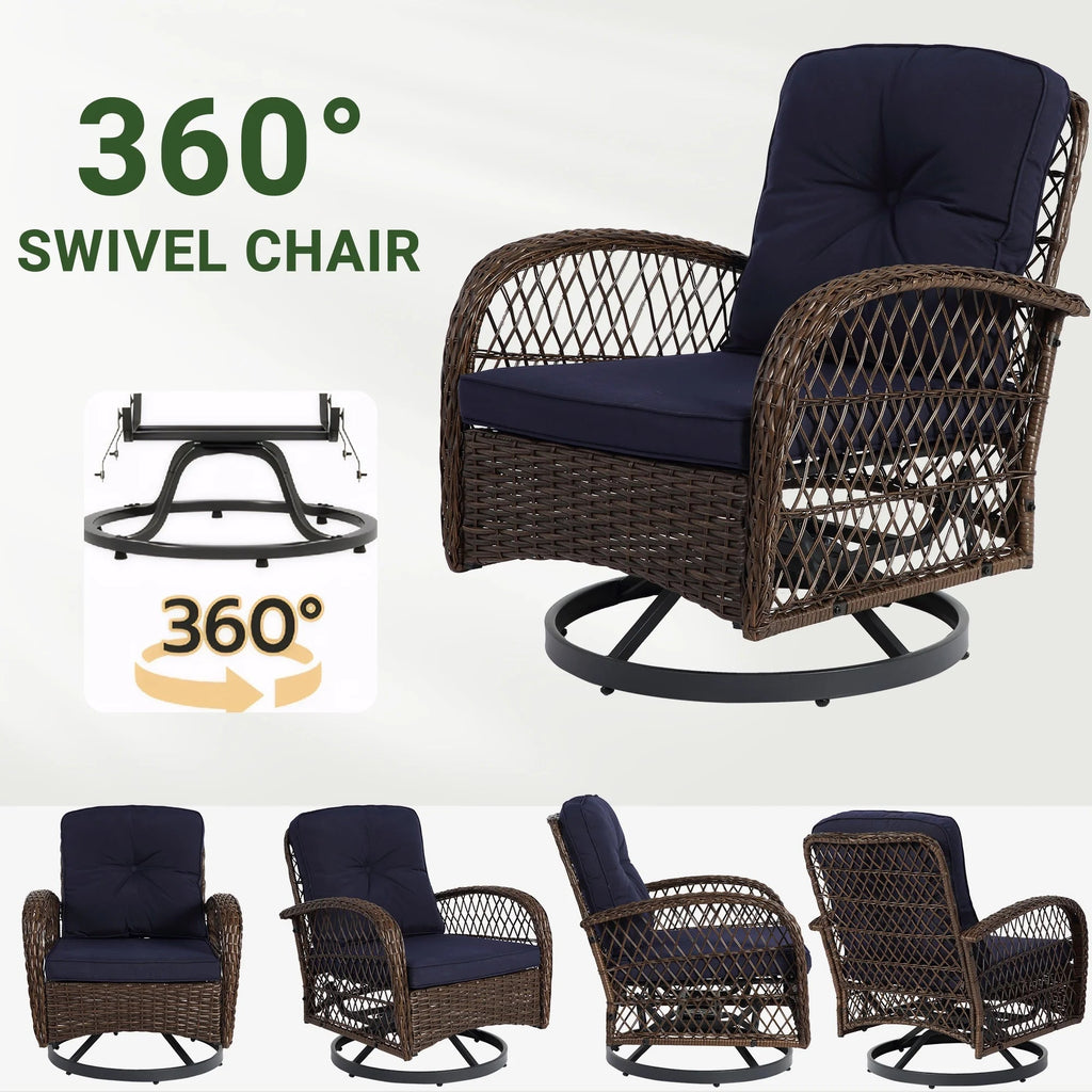 3-Piece Patio Swivel Rocking Chair Set With Glass Top Table - 2 Chairs