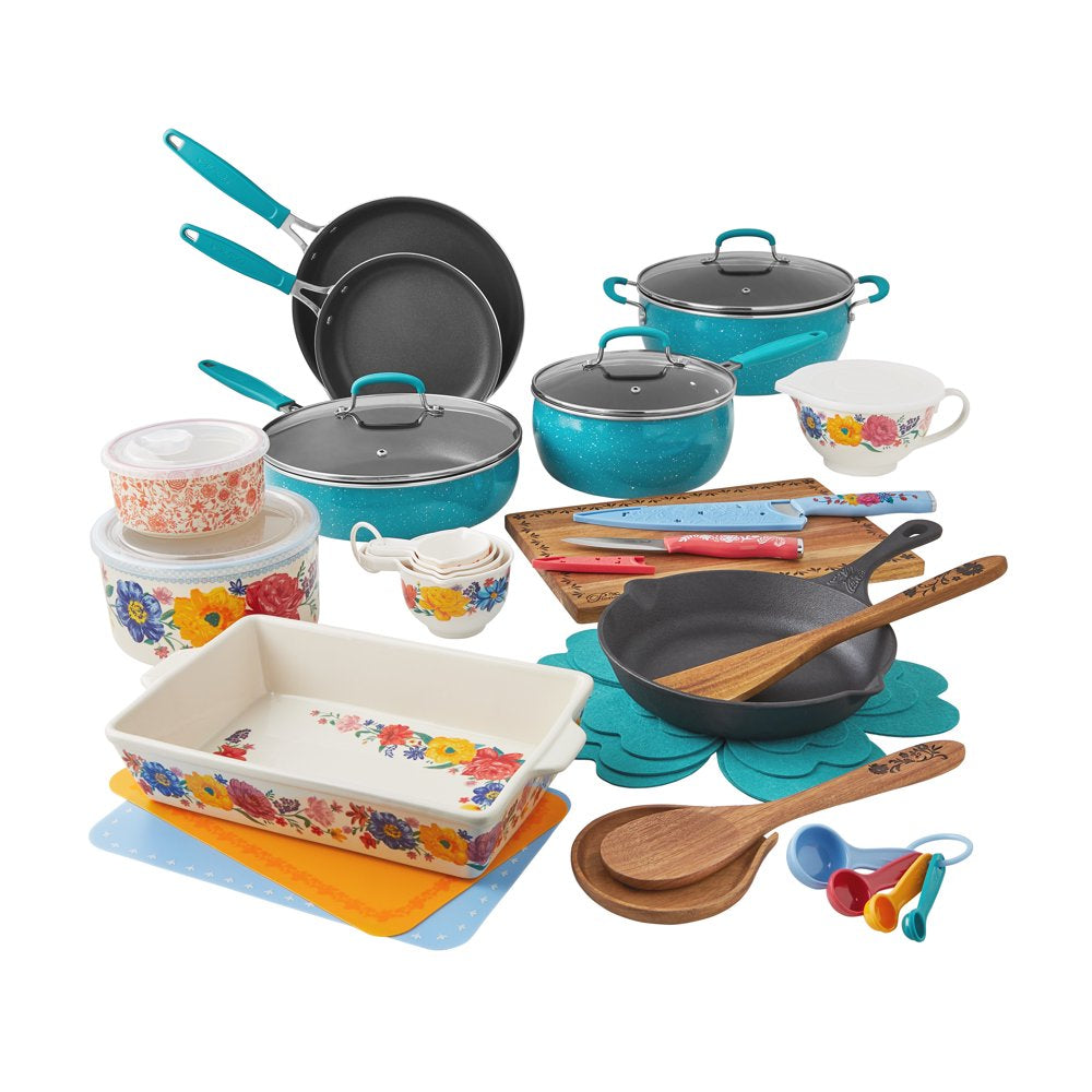 38-Piece Teal Cookware Set With Floral Design