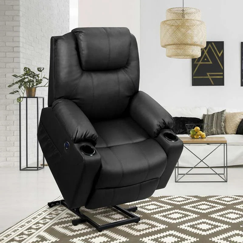 Electric Power Lift Recliner Chair With Leather Massage, Lumbar Heating, 8 Vibrating Nodes, Cup Holders And USB Port