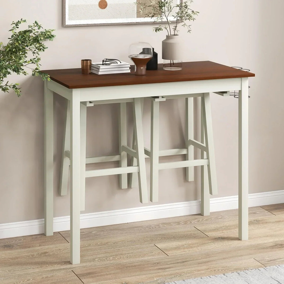 3-Piece Counter Height Bar Table Set With 2 Stools And 2 Wine Holders - Cream White & Walnut