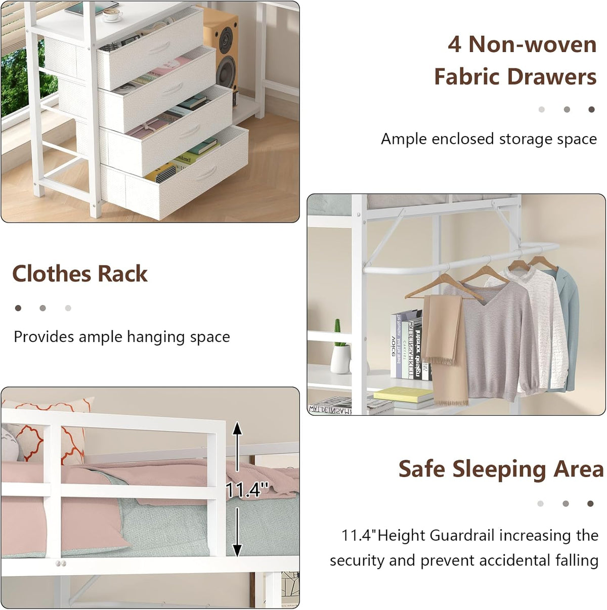 Twin Metal Loft Bed Frame With U-Shaped Desk, Storage Headboard, LED Lights, Power Outlet And 4 Drawers
