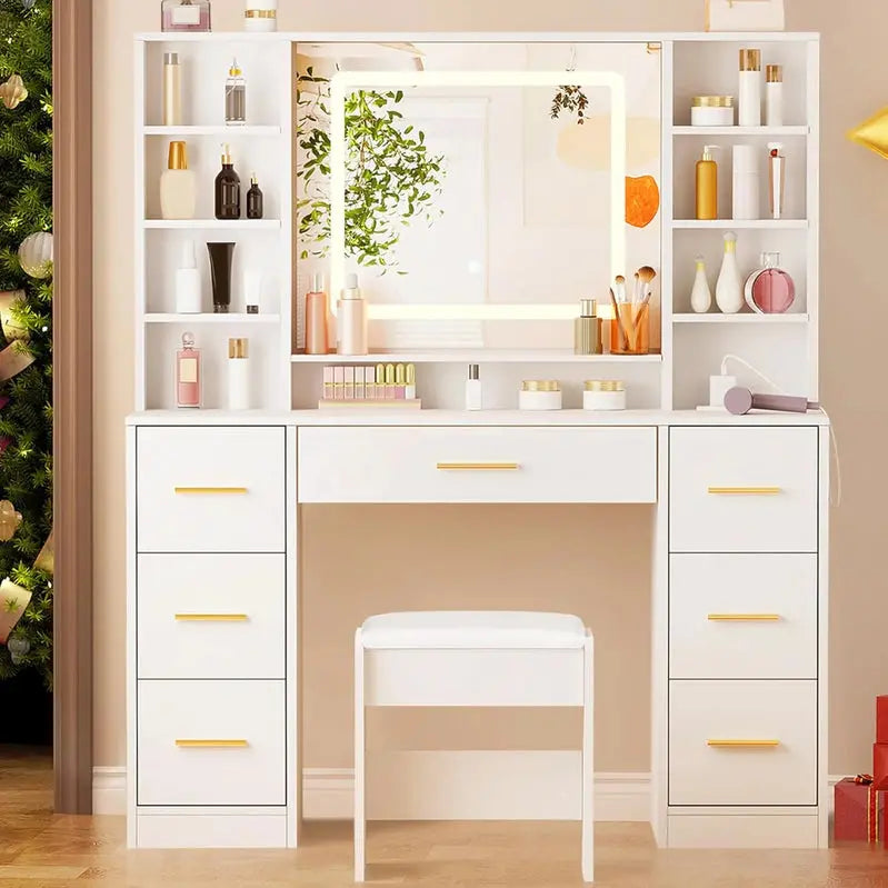 ANWBROAD Lighted Makeup Vanity Desk With LED Mirror, 39.4-Inch W x 15.7-Inch D x 55.1-Inch H