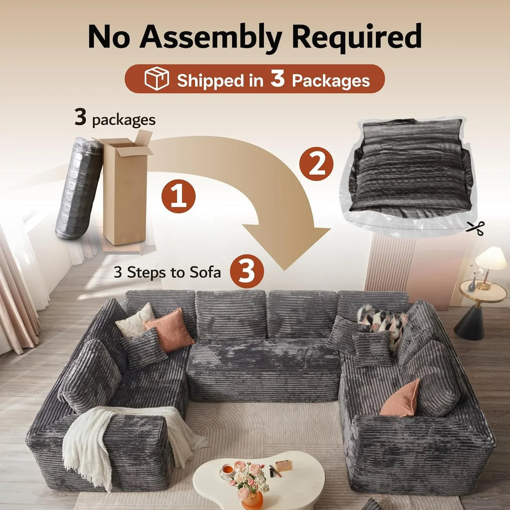 ovios 104in L-Shape Sectional Sofa With Chaise, Grey Plush Corduroy Fabric
