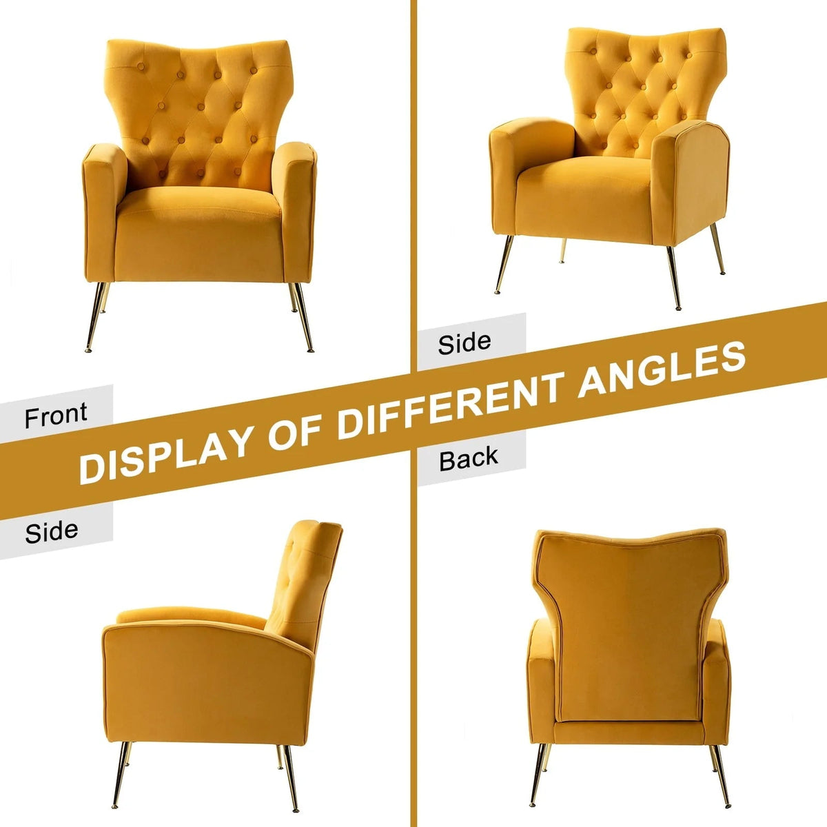 14 Karat Home Velvet Accent Chair With Button-Tufted Back And Metal Legs - Mustard