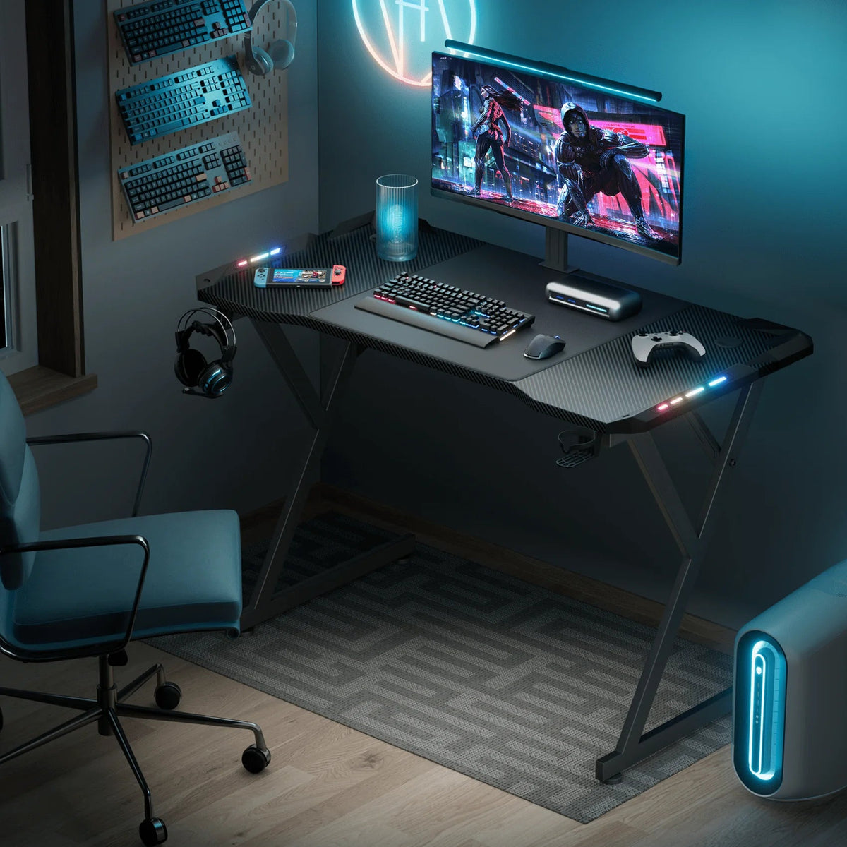 HLDIRECT Gaming Desk With LED Lights, Carbon Fibre Surface, Black - 47 Inch