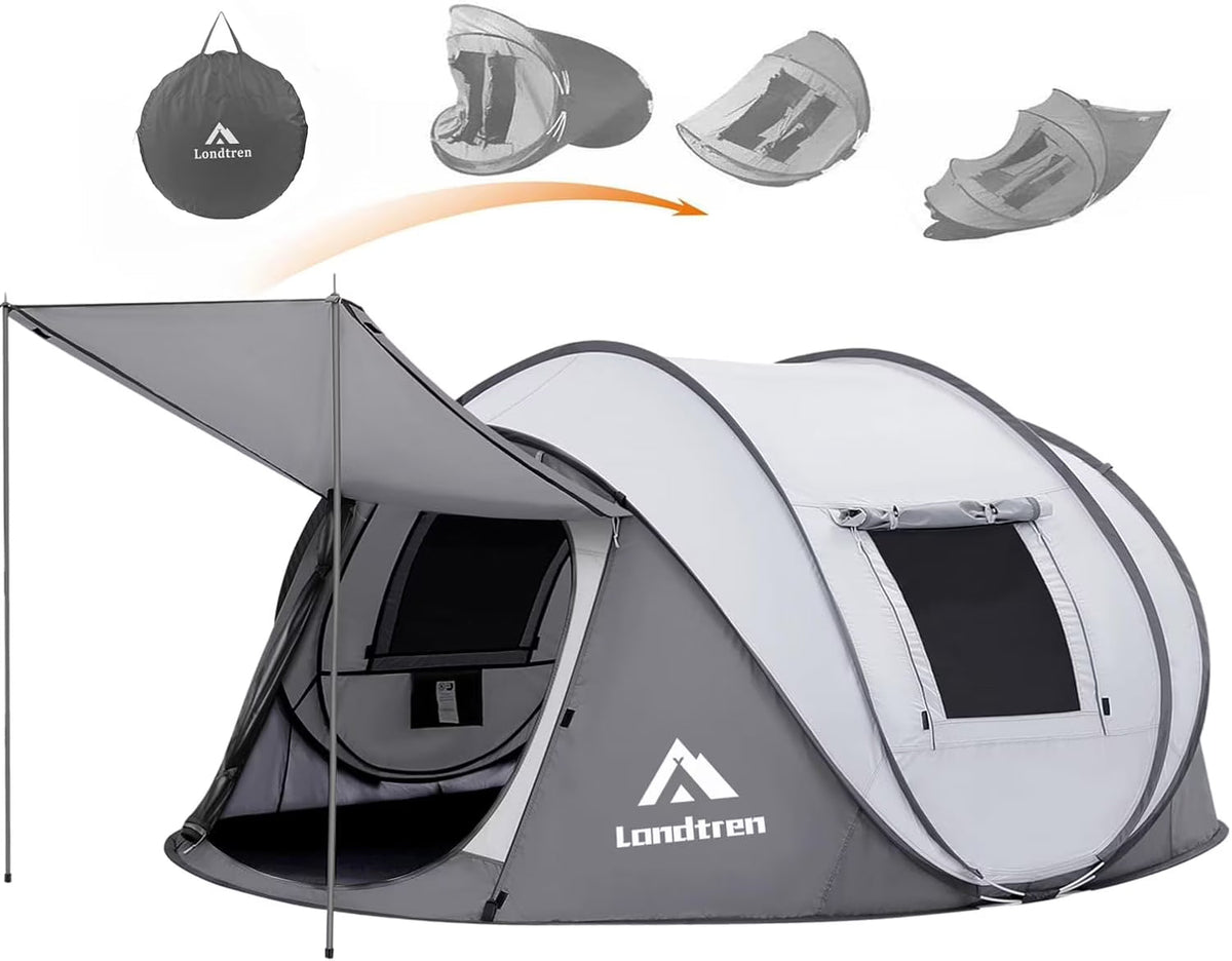 4 Person Pop-Up Camping Tent, Waterproof, 2 Doors, Automatic Setup