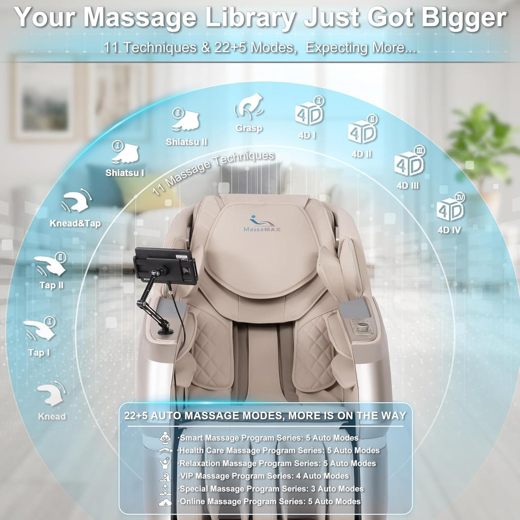 MassaMAX 4D Full Body Massage Chair With Auto Footrest, SL Track, Zero Gravity, Heating, Golden - MT339