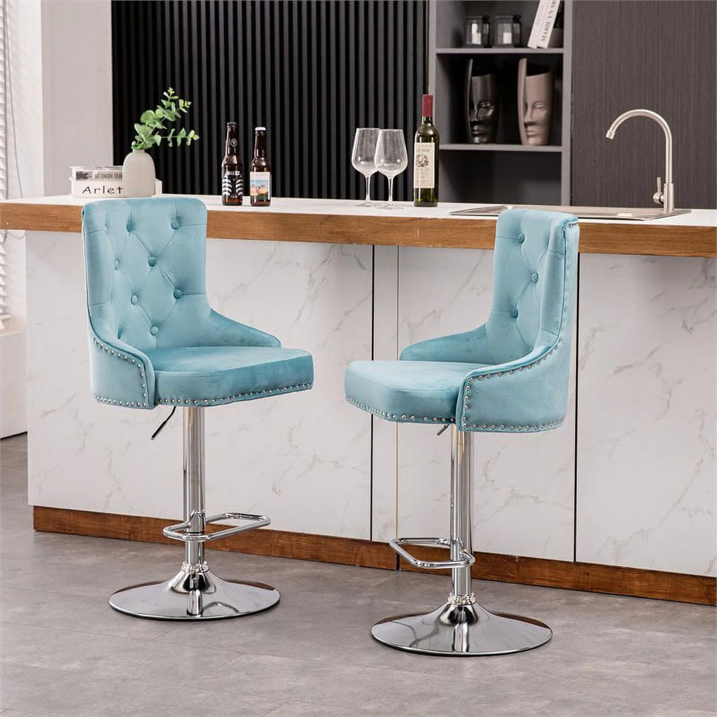 Alexent 2-Piece Swivel Bar Stools, Dark Blue, 43.7-51.6 H, 19.3 W x 18.1 D - Silver Footrest