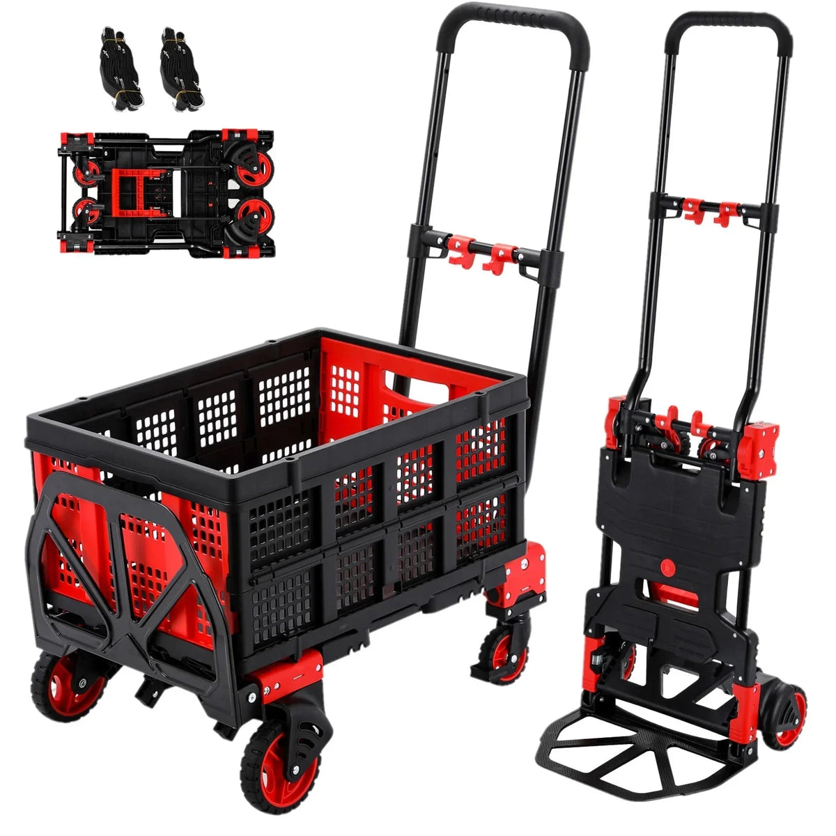 LAZY BUDDY 2-in-1 Folding Hand Truck Dolly With 22 Inch Folding Basket, Red, 330 LBS