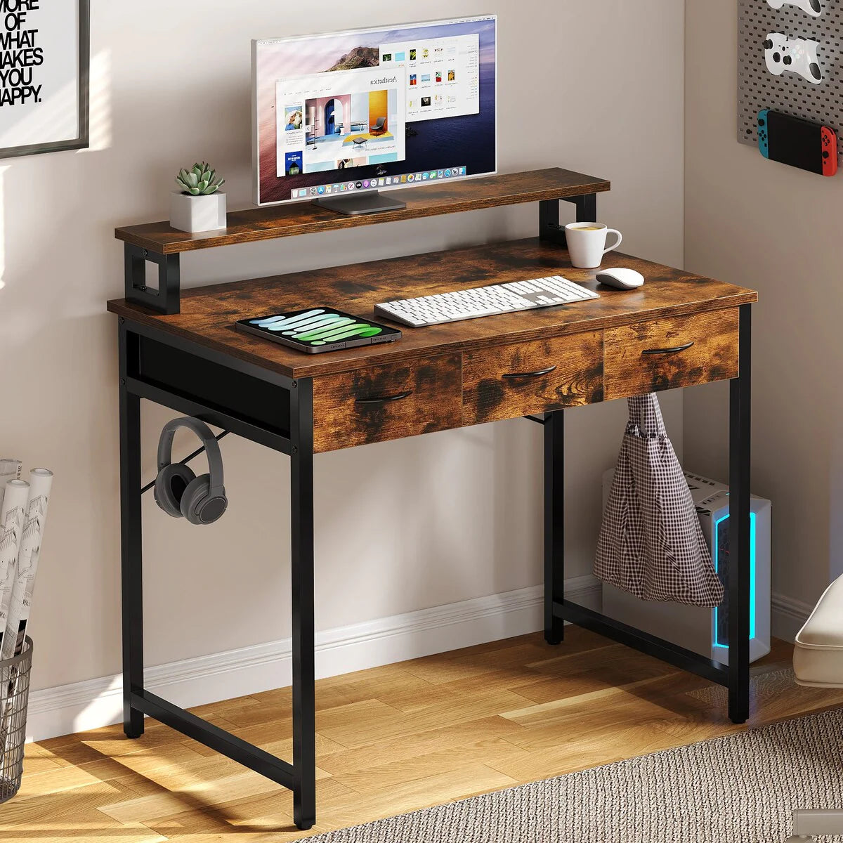 Computer Desk With 3 Fabric Drawers And Monitor Stand