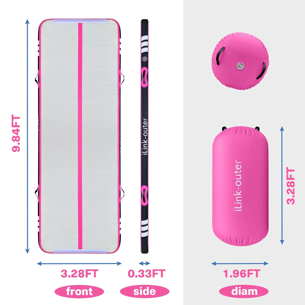 Air Track 10FT Inflatable Gymnastics Mat With Roller and Electric Pump - Black/Pink, 4in