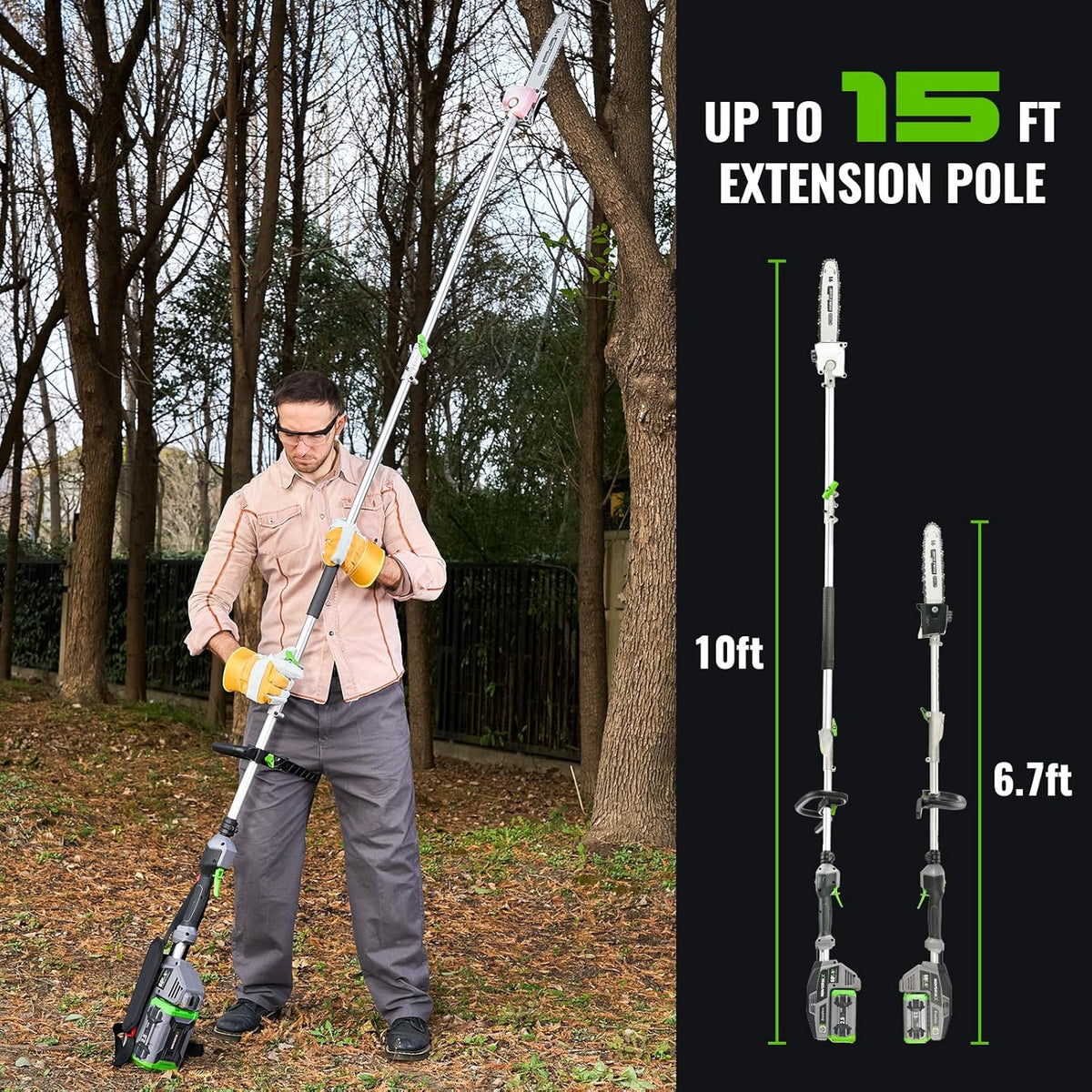 60V Cordless Pole Saw With 15 FT Reach, 10 Inch Guide Bar And 2.5AH Battery