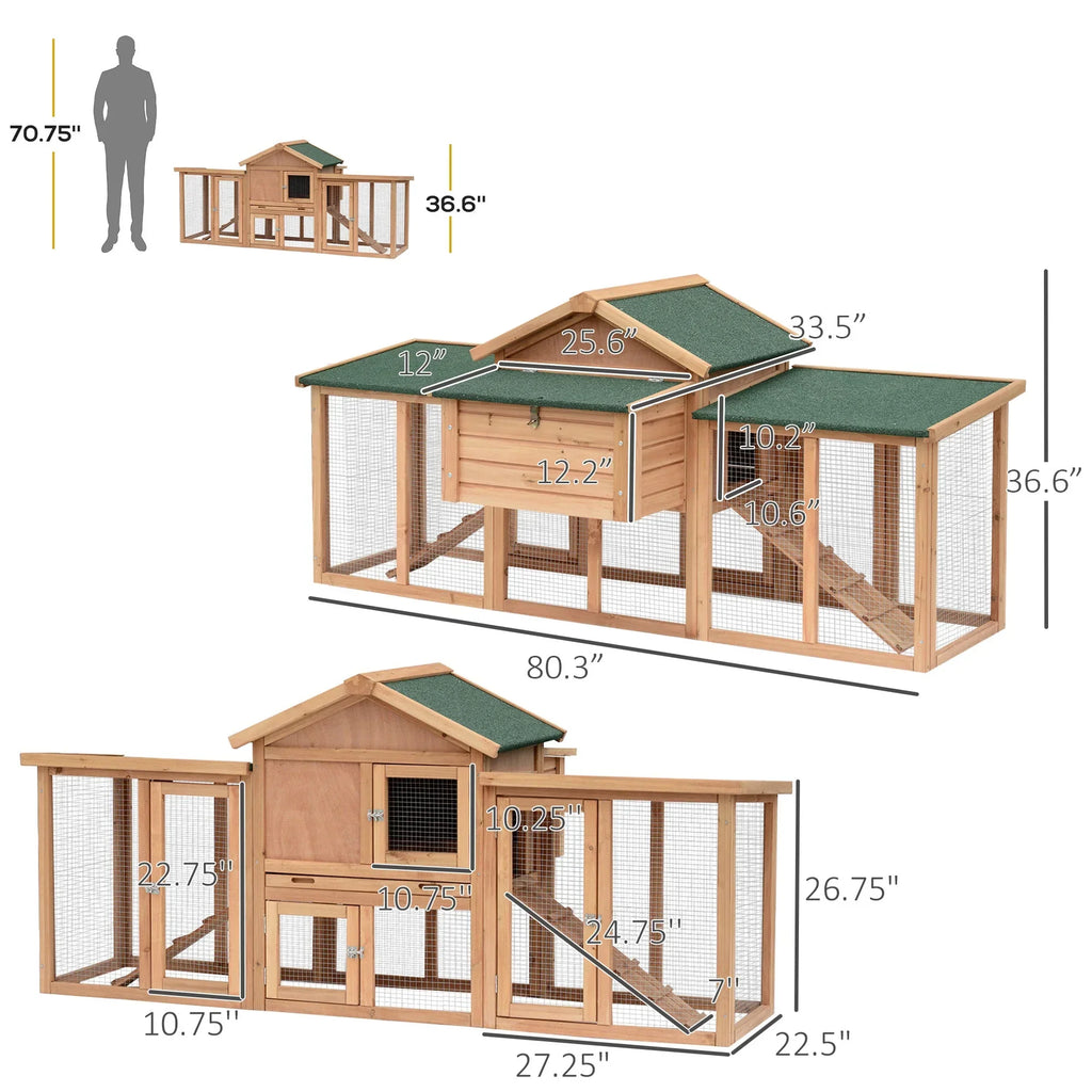 PawHut Wooden Outdoor Chicken Coop With Nesting Box, Double Runs, Removable Tray And Ramps - 80 inch