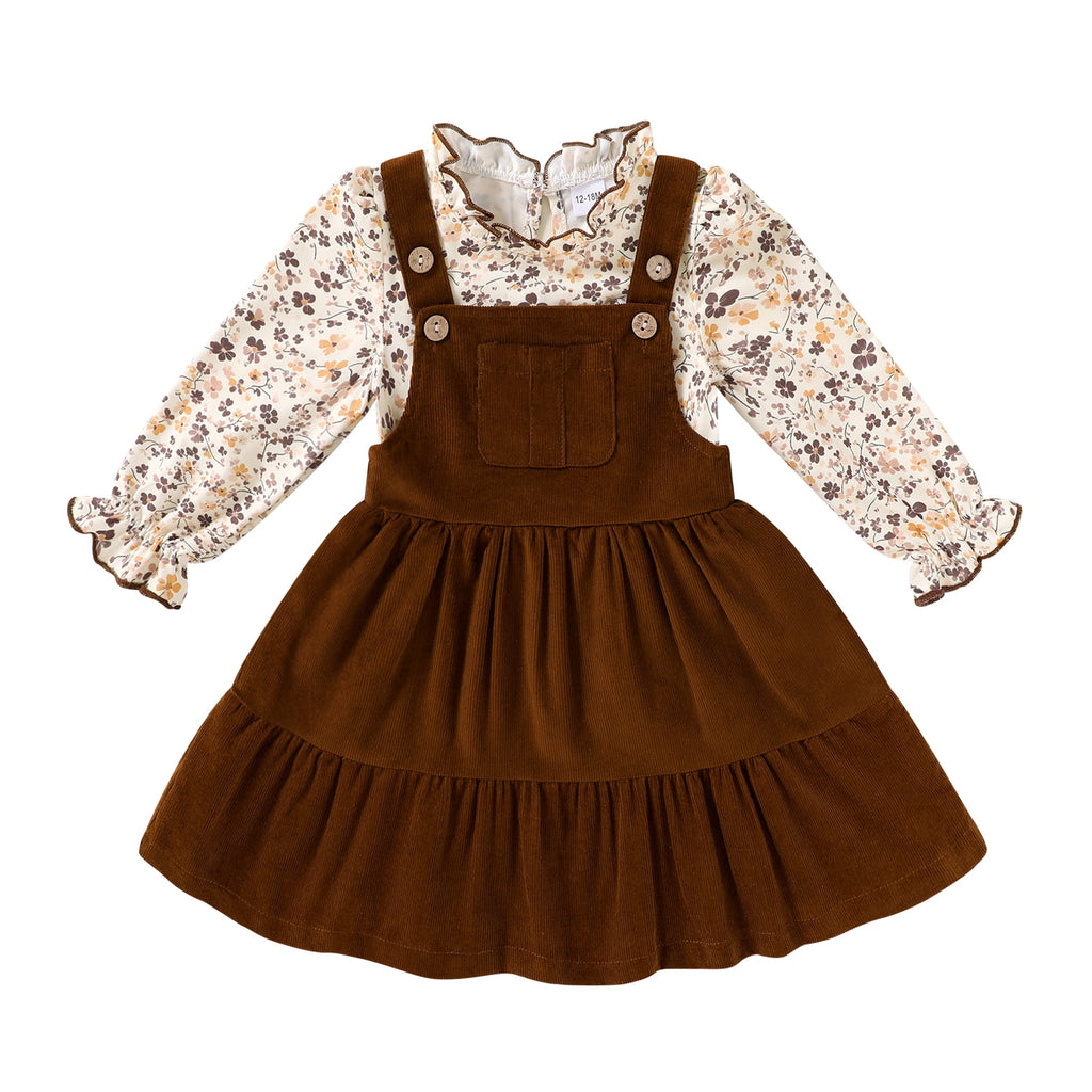Younger Tree Toddler Baby Girl Fall Dress Outfit Long Sleeve Top Strap Dress Overall with Pocket Clothes Set for 2-3T