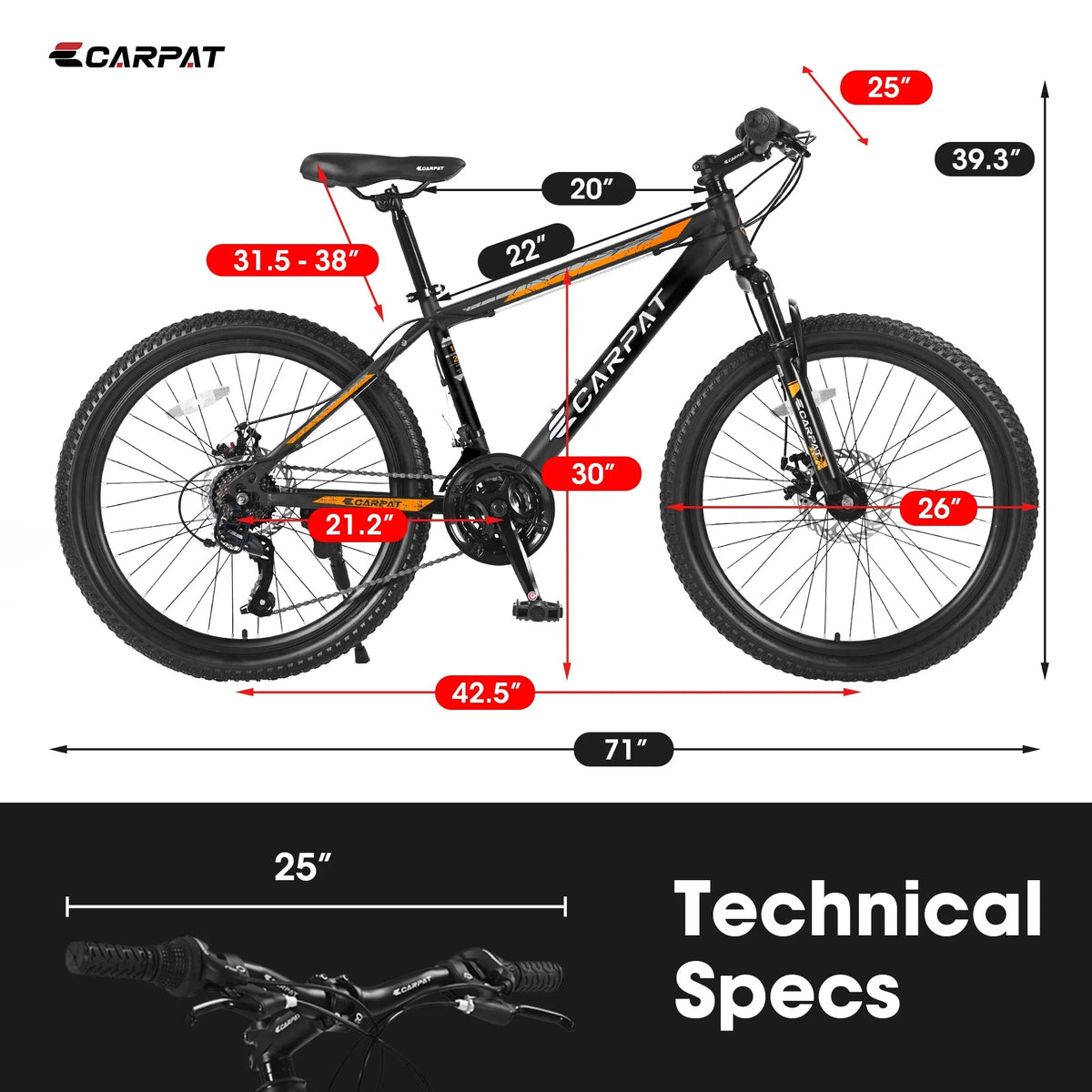 26 Inch Men's Mountain Bike With Shimano 21-Speed And Disc Brakes - Black Orange