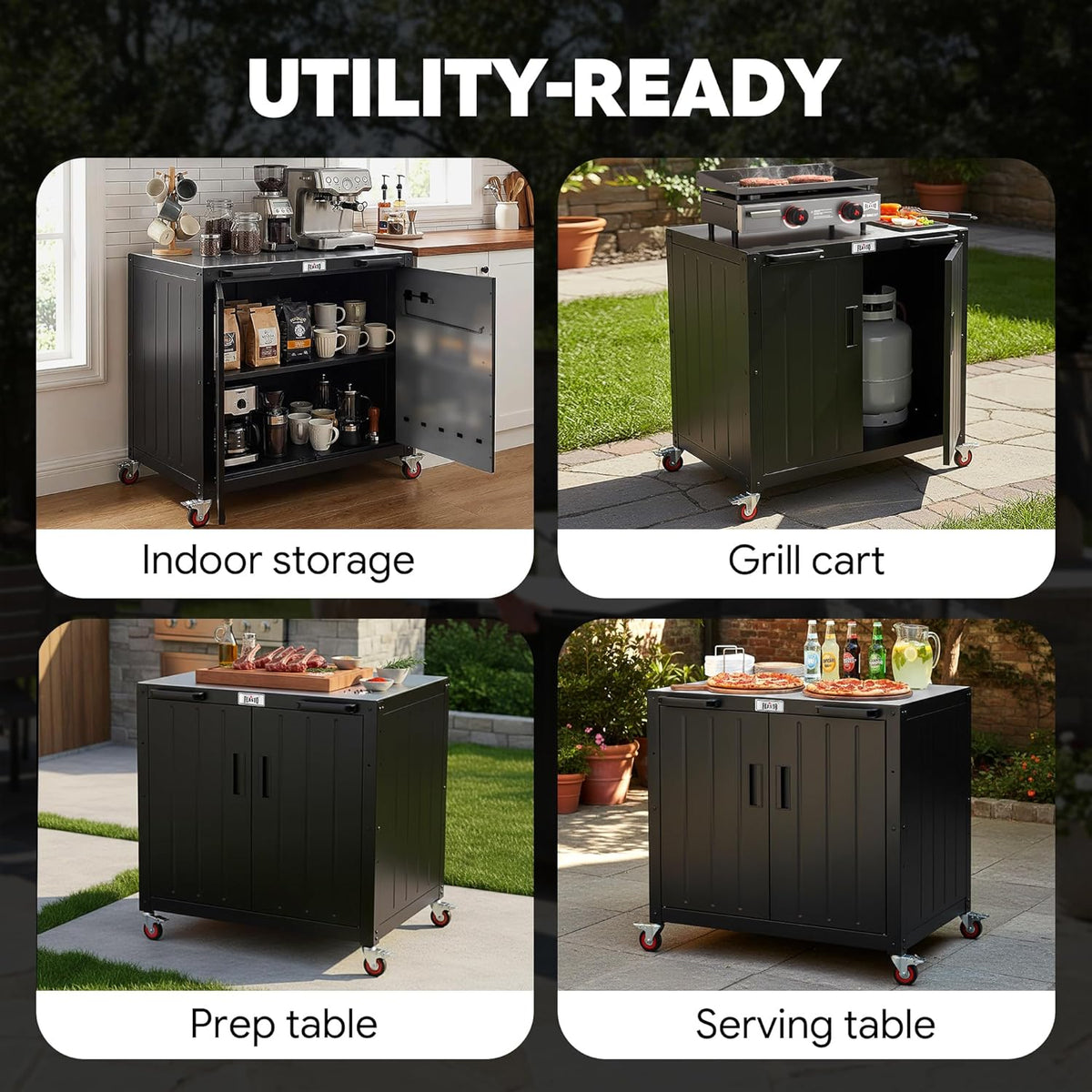 Outdoor Grill Cart With Storage Cabinet And Stainless Steel Top, 35-Inch, Black & Silver - KT2435 Series