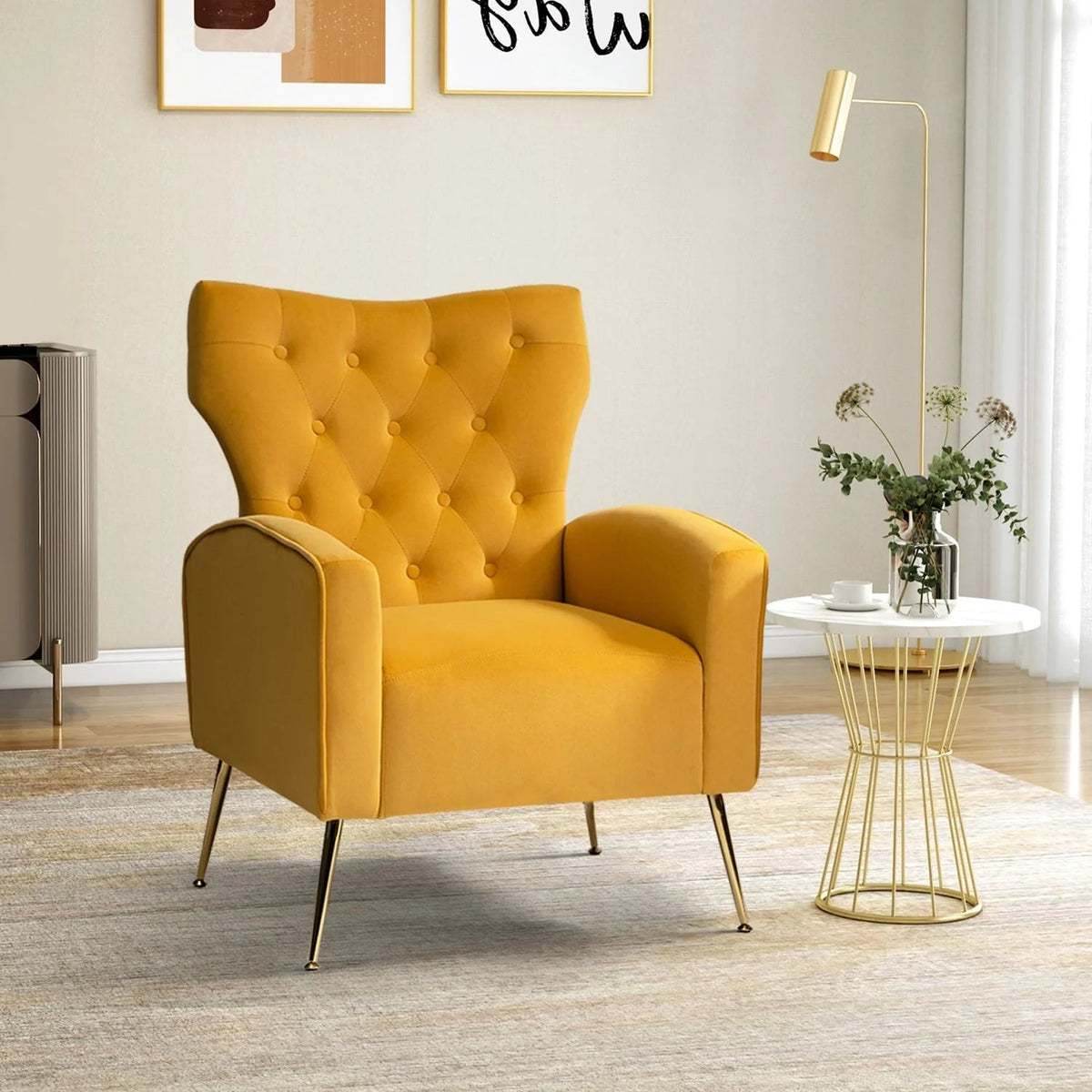 14 Karat Home Velvet Accent Chair With Button-Tufted Back And Metal Legs - Mustard