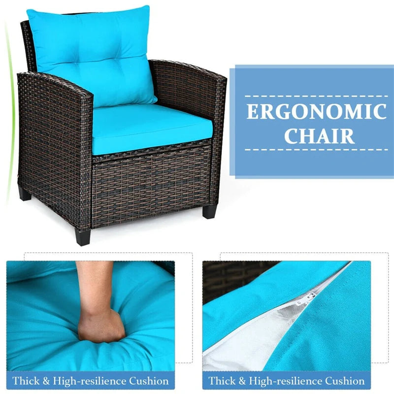 3-Piece Rattan Patio Conversation Set With Cushions And Coffee Table