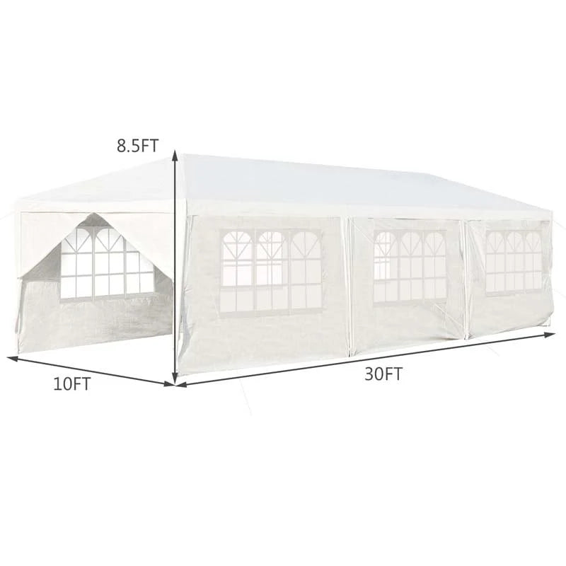 Outdoor Party Wedding Event Canopy Tent, 10 ft x 30 ft, White, 6 Removable Sidewalls, 2 Doorways